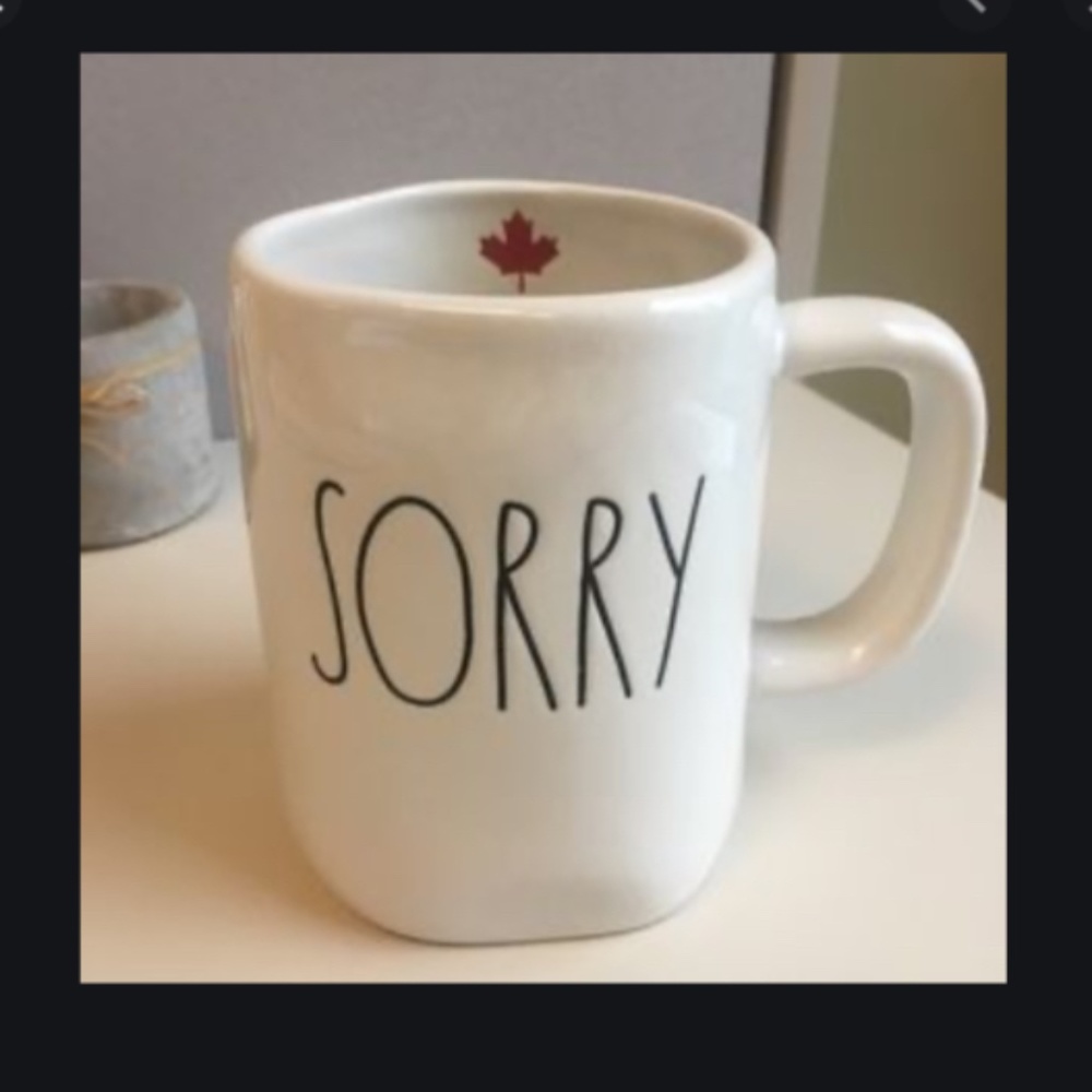 Rae Dunn “Sorry” mug, red maple leaf, NEW!